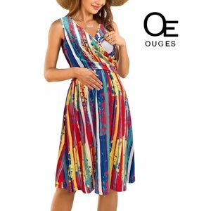 OUGES V-Neck Dress Sleeveless Maternity Nursing Gown Breastfeeding Postpartum